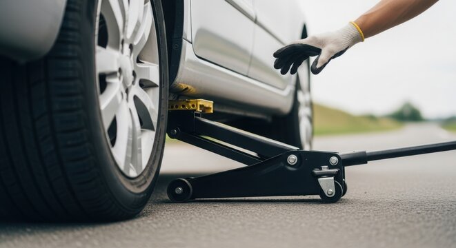 Changing tire service with car jack for roadside assistance, this changing tire service shows vehicle maintenance and emergency repair,