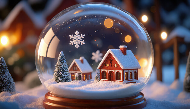 A miniature village glowing with Christmas lights, sparkling snow swirling inside a magical snow globe floating in the air.