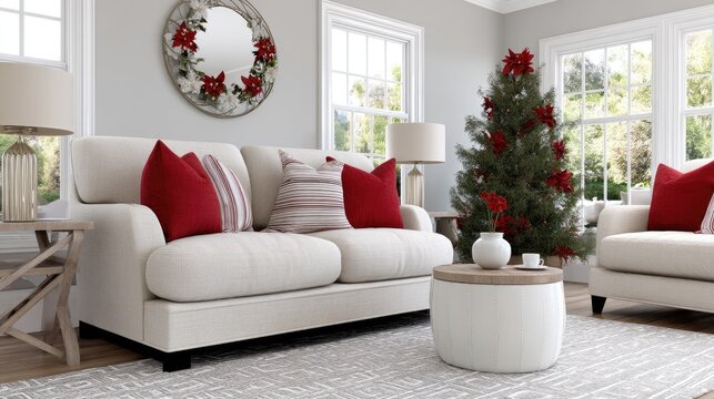 Warm and inviting living space features a plaid sofa and a sparkling Christmas tree, creating a festive atmosphere for gatherings - Powered by Adobe