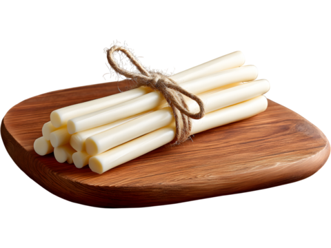 Fresh string cheese sticks tied with rope on wooden plate isolated on transparent background, perfect for dairy or food designs.
