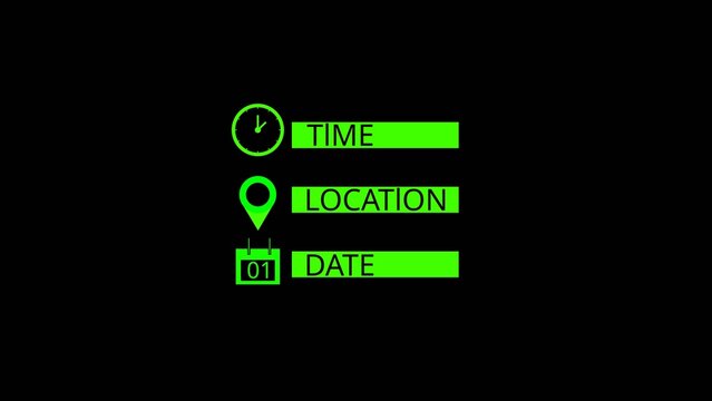Modern minimal UI animation showing time icon, location pin, and date calendar interface elements . Clean flat design suitable for event intro, schedule display, digital dashboard, futuristic HUD, and