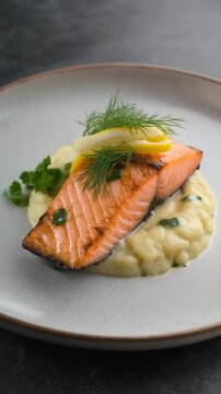 Lachs auf Blumenkohlp&uuml;ree mit Zitronen-Dill-Sauce