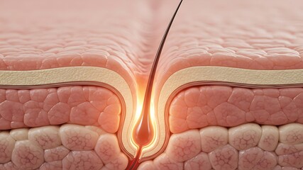 Close-up of Skin Pore with Hair Follicle and Sebaceous Gland in human skin, detailed biological skin structure for dermatology and medical research visuals