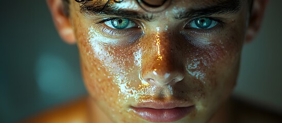 Close up of a young man's face covered in sweat