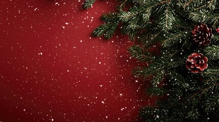 Snow falls gently on lush pine branches and pine cones, creating a cozy winter scene against a bold red backdrop