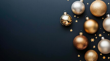 Colorful holiday ornaments are arranged elegantly against a dark backdrop, enhancing the festive mood for seasonal celebrations and events