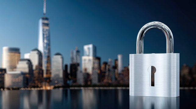 Waterfront landscape features digital security symbols and a padlock, illustrating the blend of nature and technology at sunrise