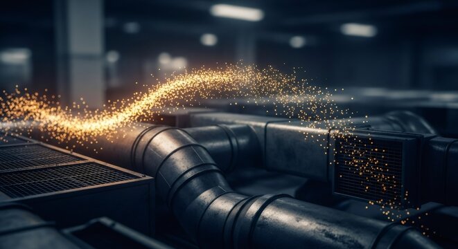 Data stream represented by flowing golden particles in a dark industrial environment. Network communication and information transfer concept. Digital technology backdrop. - Powered by Adobe
