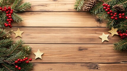 Colorful holiday ornaments and wooden stars are arranged on a wooden surface adorned with evergreen branches, creating a festive scene