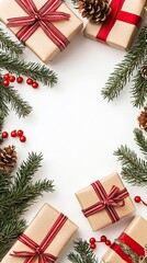 Bright red berries and pine branches frame a light background, showcasing holiday gifts and decorative elements for a cheerful atmosphere