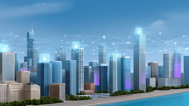 A large digital padlock floats above a city, representing cybersecurity. Skyscrapers fill the skyline under a clear blue sky