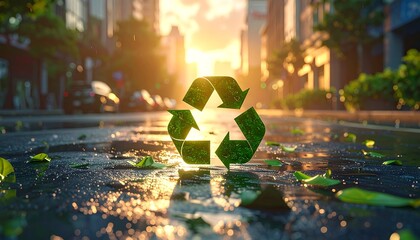 Glowing recycle sign in city street, glistening water & leaf litter, warm sunset
