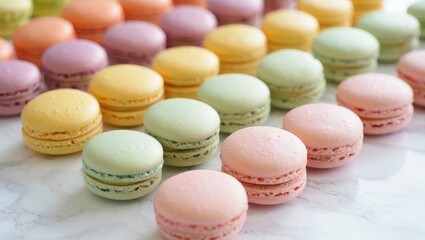 Obraz premium Rows of vibrant pastel macarons creating a tempting display of colorful french confectioneries, offering a delightful and sweet gourmet dessert experience with various flavors