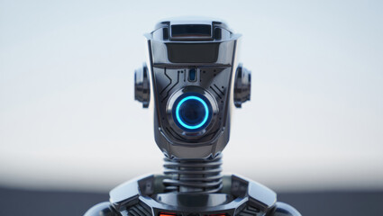 Silver and chrome robot head featuring a bright blue glowing eye, symbolizing artificial intelligence, data processing, and innovation in robotics and cybernetics