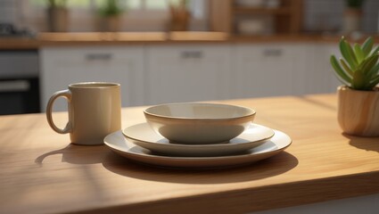 Minimalist tableware  ceramic mug, bowl and plate on a wooden counter bathed in warm morning sunlight, serene cozy scene for relaxed breakfast and slow living routine