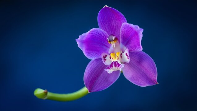Vibrant purple phalaenopsis orchid bloom in macro, showcasing delicate petals and a striking labellum against a clean dark blue background for studio or editorial use
