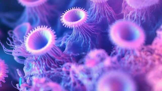 Bioluminescent coral polyps glowing with vibrant neon colors