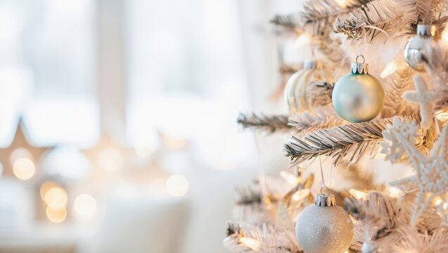 Christmas tree decorated with white, silver and soft teal ornaments, glittering snowflakes and warm string lights, creating a serene, modern and festive holiday scene - Powered by Adobe