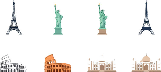 Iconic global landmarks depicted in a vibrant, stylized illustration collection
