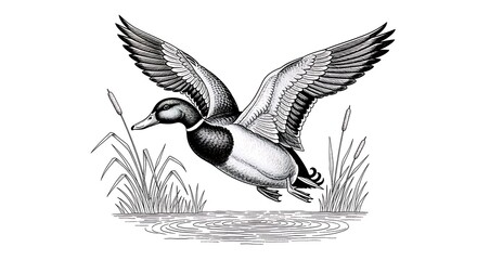 Black and white illustration of a mallard duck flying over water