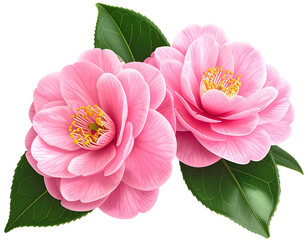 Delicate pink camellia blossoms with vibrant green leaves