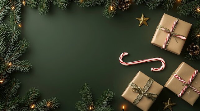 Brightly wrapped presents and candy canes display the joy of the holiday season against a vibrant green backdrop