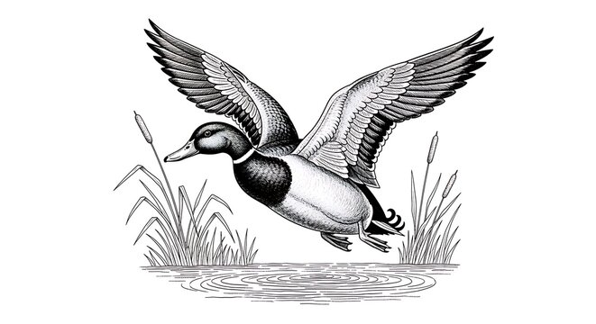 Black and white illustration of a mallard duck flying over water
