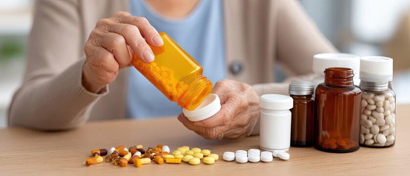Elderly woman carefully sorts colorful vitamins and supplements with focus, showcasing the importance of health and wellness