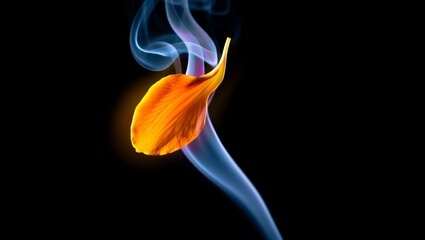 Orange flower petal gently resting on a wispy vertical stream of colorful blue and purple smoke, highlighting contrast, motion, and a delicate balance in an artistic composition