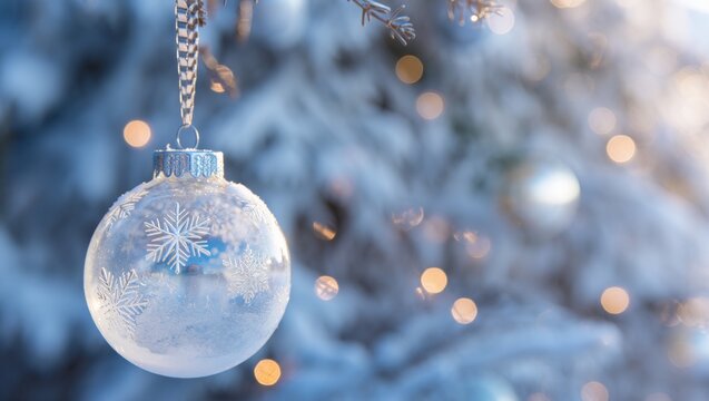Clear glass christmas ornament with white snowflake patterns and frosted details hanging on a snow covered evergreen tree branch