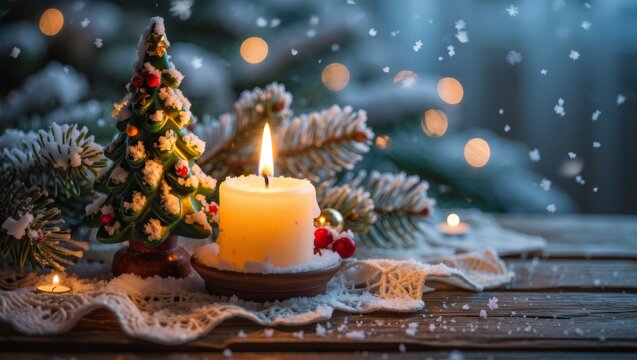 Christmas candle burning on a wooden table with miniature tree decoration, fresh snow covering fir branches and a crocheted doily, creating a cozy winter holiday atmosphere with bokeh lights - Powered by Adobe
