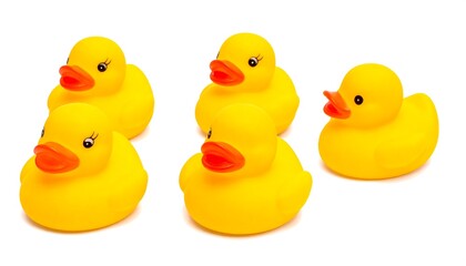 Group of bright yellow rubber duck toys, some with eyelashes, isolated on a white background