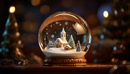 A miniature village glowing with Christmas lights, sparkling snow swirling inside a magical snow globe floating in the air.