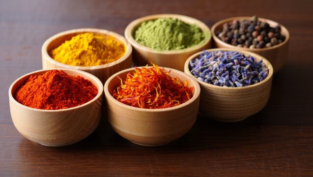 Aromatic spices and dried culinary herbs in wooden bowls on a dark background, offering diverse flavors for cooking, baking, and traditional remedies - Powered by Adobe