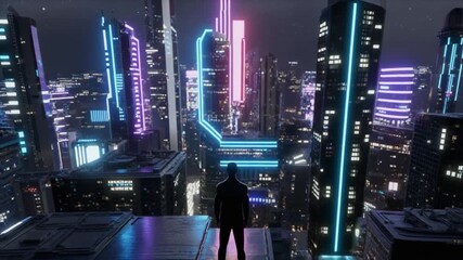 Silhouette of a man standing on a rooftop overlooking a futuristic cityscape at night with glowing neon lights and stars in the sky. - Powered by Adobe