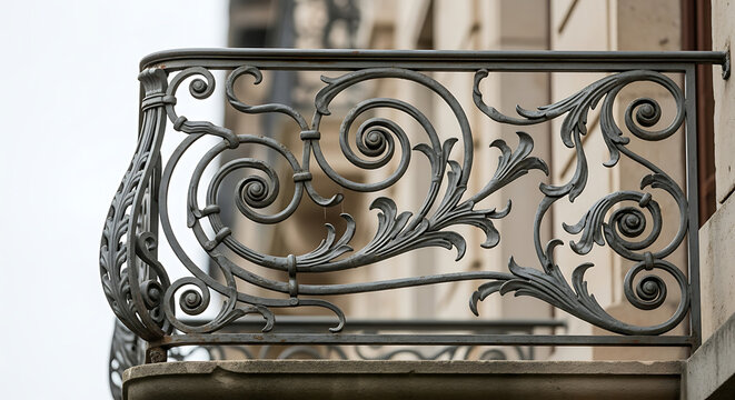 Close up of a decorative wrought iron balcony railing with ornate floral and spiral designs detail work