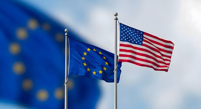 Flags of European Union and USA Waving Together on Flagpoles