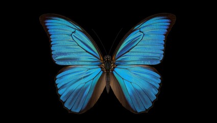 Fototapeta premium Blue morpho butterfly with iridescent, luminous blue wings and detailed veins against a solid black background, symbolizing transformation, freedom, and delicate beauty