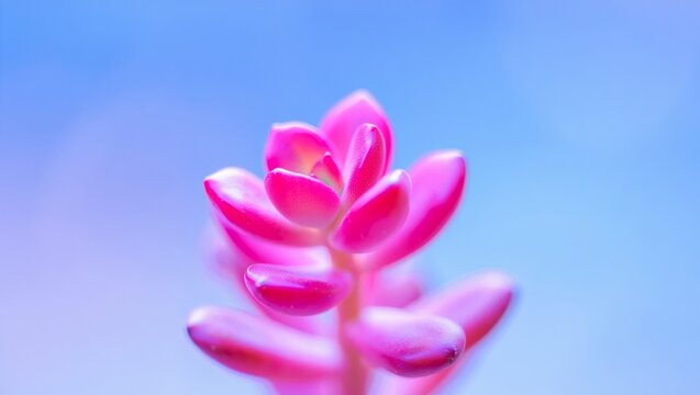 Succulent plant showing vibrant pink and purple leaves growing upwards, creating a colorful botanical abstract with soft blue and lilac background, minimal design