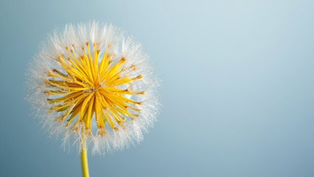 Dandelion seed head standing softly against a pastel blue background, covered with delicate dewdrops, symbolizing hope, lightness, and new beginnings