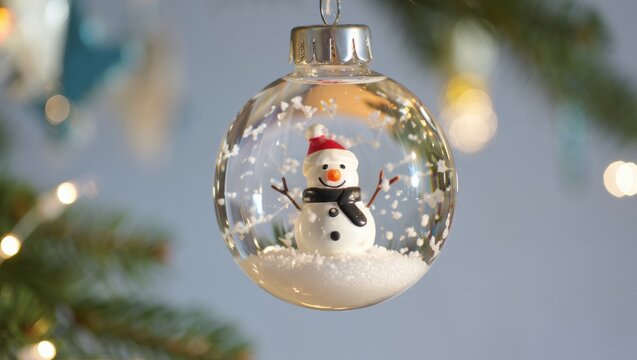 Christmas ornament hanging on a spruce branch creating festive holiday decorations, featuring a snowman inside a miniature snow globe with falling snow over a blurred background