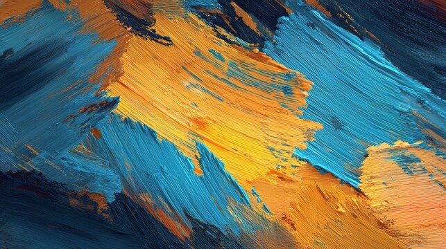 Dynamic textured abstraction with wide sharp strokes oil paint bright contrasting colors rich blue/turquoise warm orange-yellow