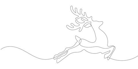 Minimalist Reindeer Continuous One Line Art Drawing. Flying Deer Sketch for Christmas and Winter Design. Editable stroke