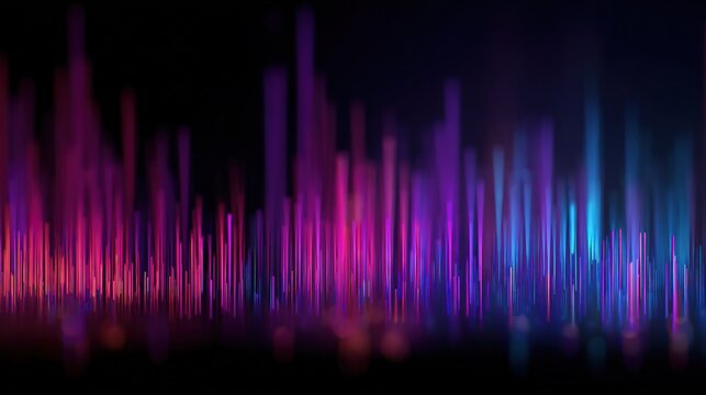 High-tech horizontal abstract background depicting digital data stream sound equalizer form neon vertical light columns gradient pink purple blue colors