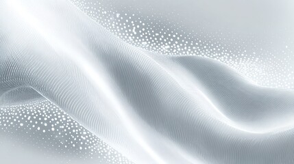 High-tech minimalistic 3D abstract background wavy glowing silver-white lines imitating fabric flowing data adorned shimmering dots