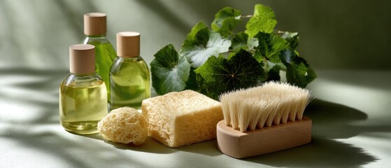 Different cleaning tools and solutions are displayed on a green surface, perfect for tasks like dusting, wiping, and mopping