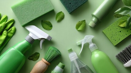 Different cleaning tools and solutions are displayed on a green surface, perfect for tasks like dusting, wiping, and mopping