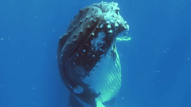 A Humpback Whale swims closely towards the camera, showing off its barnacle-covered head. Captured during the day in the Pacific Ocean, the giant marine mammal looks gentle and inquisitive.