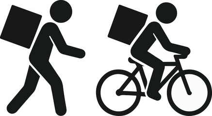 Flat Design Delivery Vector Walking and Cycling Courier Silhouettes on White Background