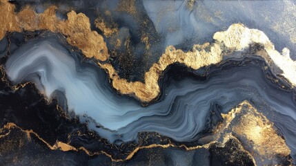 Fototapeta premium Abstract Ink Painting in Blue and Gold Tones, Fluid Art with Metallic Accents, Modern Art Background, Detailed Close Up View, Contemporary Design